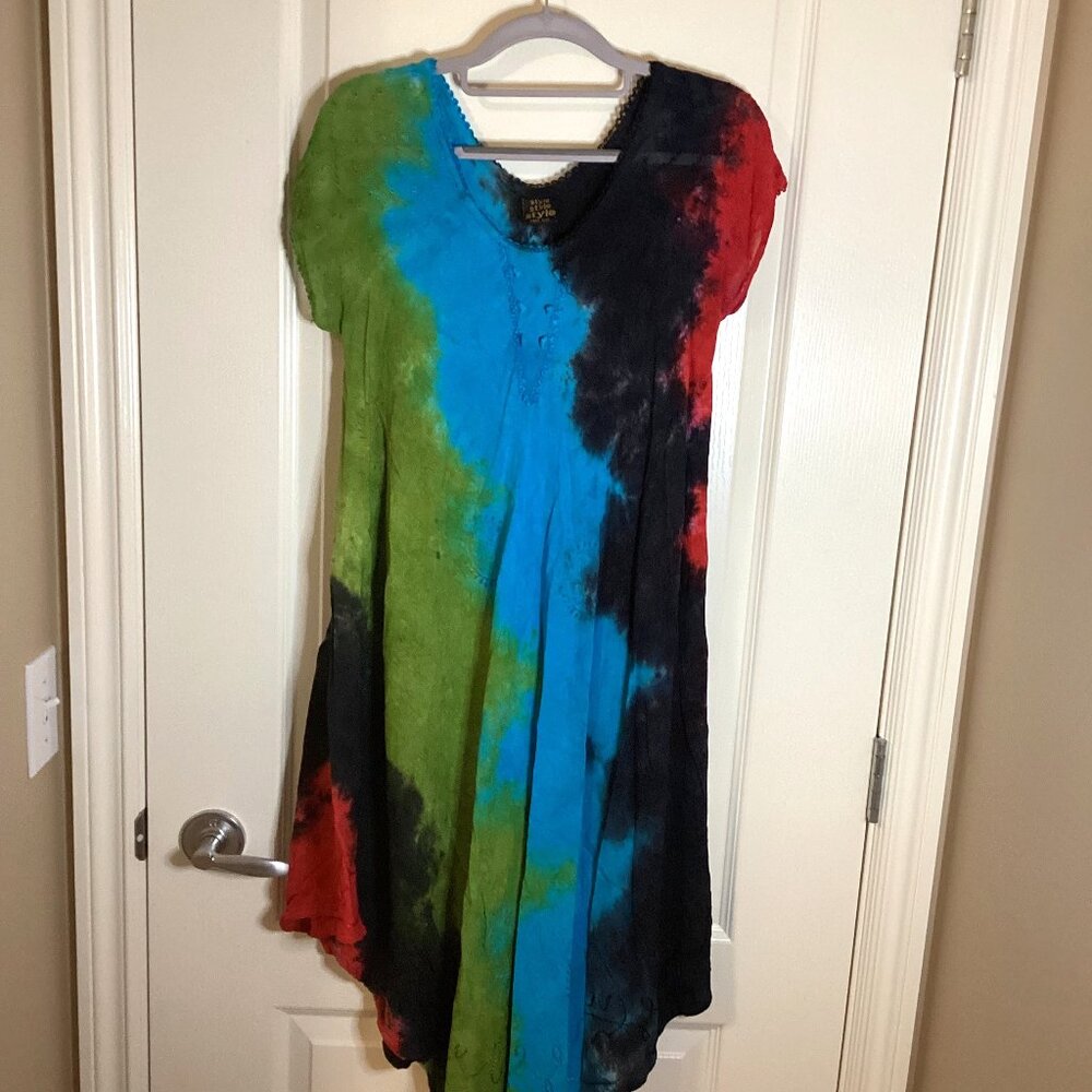 Style Women's Loose Fitting Sleeveless Midi Tie Dye Dress One Size Colorful